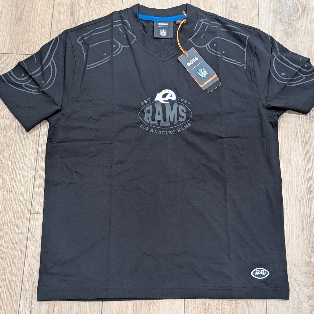 $138 Mens BOSS X NFL "Tackle" Graphic Los Angeles Rams T-Shirt Black Medium